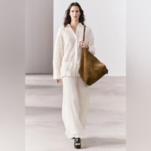 Zara Textured Pleated Maxi Skirt XS-S Ecru NWT